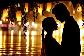 Silhouette of romantic couple embracing by lantern-lit lake at night