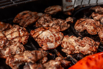 Grilled chicken and red peppers on barbecue grill