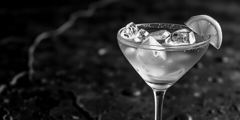 Classic cocktail with ice and lemon slice in a sleek glass