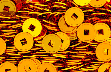 Chinese gold coins pile with square hole, background. 3D rendering