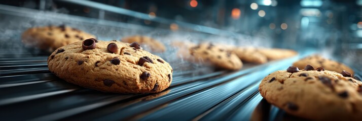 Freshly baked chocolate chip cookies cooling on a conveyor belt in a bustling bakery during the afternoon rush hour