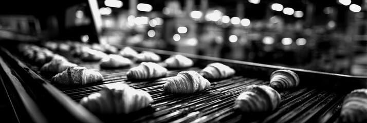 Freshly baked croissants cooling on a rack in a busy bakery
