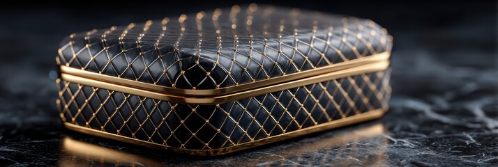 Luxury black and gold decorative box placed on a marble surface with intricate design details showcased in studio lighting