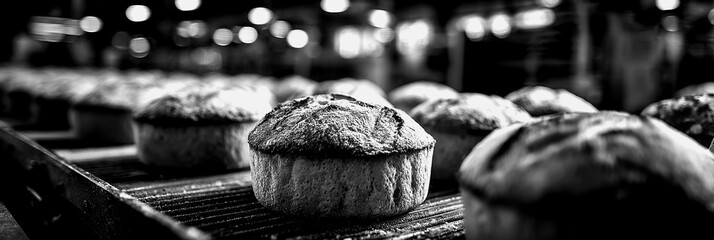 Freshly baked bread loaves cooling in a busy bakery