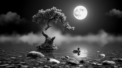 Serene scene of a duck swimming near a tree under a full moon