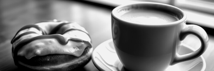 Coffee and donut served on a wooden table in cozy cafe