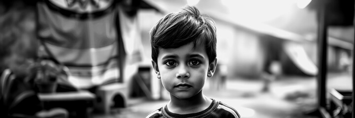Young boy looking thoughtfully in a rural village setting