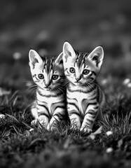 Two playful kittens sitting together in a grassy field