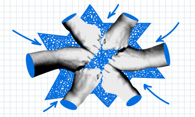 Teamwork concept. Fist bump. Friendly greeting. Modern collage. Team building. Creative collaboration. Employee meeting for motivation. Partnership with support. Team synergy