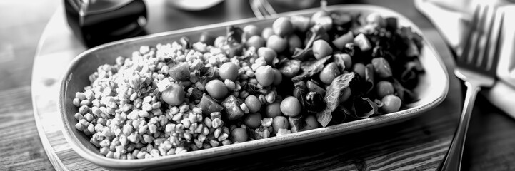 Healthy grain and vegetable dish served on a wooden table