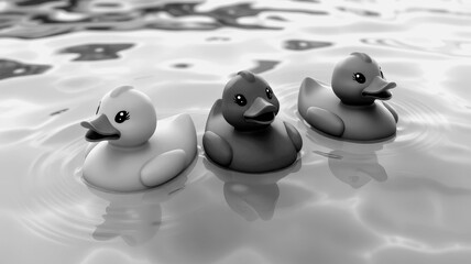 Colorful rubber ducks floating in calm water on a sunny day
