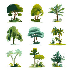 Set of tropical trees, simple and flat vector illustration, white background
