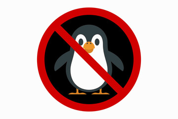 Vector illustration of prohibition sign with penguin inside red circle. Concept of no penguins, ban on animals, restricted species, warning symbol, and endangered animals.