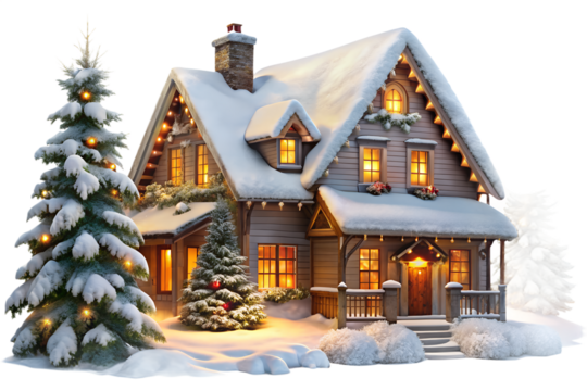 Cozy Christmas Cottage Covered in Snow with Pine Trees on transparent background