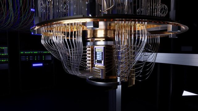 3d rendered animation of the lower portion of a quantum computer featuring the qubit chip.