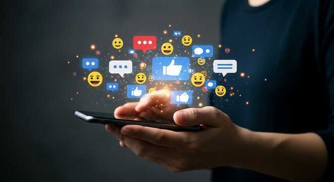 Person holding smartphone with social media icons floating above it in a dark environment scene