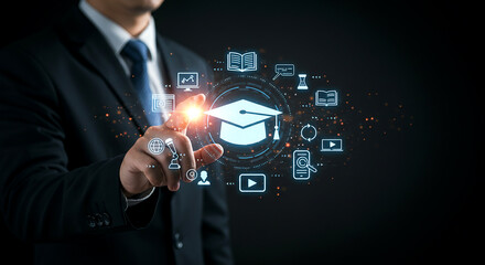 Man in suit touching digital graduation cap surrounded by education related icons on black background