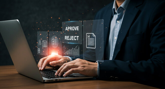 Person using laptop with approve and reject options displayed on screen in front of them visible