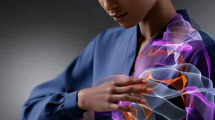 A serene image capturing a poised individual with abstract light designs around the shoulder, symbolizing grace, calmness, and emotional depth in a modern artistic approach.