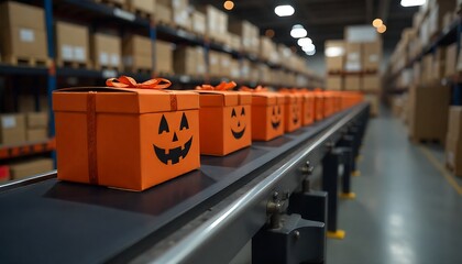 halloween gift box packages seamlessly moving along a conveyor belt in a warehouse  created with generative ai