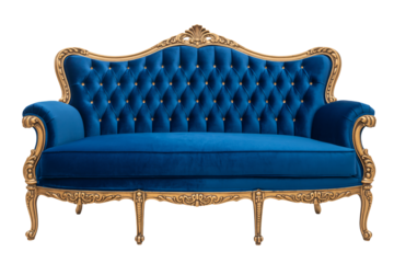 Elegant blue velvet sofa with gold trim for luxurious interiors