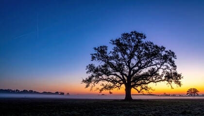Tranquil Sunset Oak Tree Silhouette: A majestic oak tree stands silhouetted against a breathtaking sunset, with colors painting the sky in a breathtaking array of orange and blue.