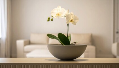Elegant Orchid Display: A pristine white orchid, set within a sophisticated grey pot, takes center stage in a modern and minimalist living space, evoking feelings of tranquility and refined style.