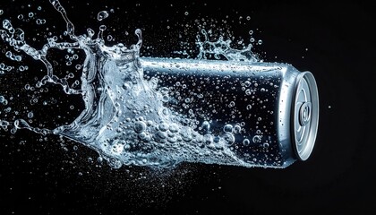 Cool Beverage Splash: A refreshing, aluminum beverage can bursts into a dynamic splash of water, artfully captured against a dark backdrop, conveying coolness. 