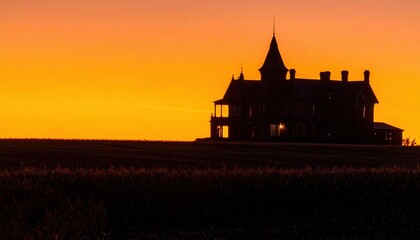 Golden Hour Silhouette: Majestic estate at dusk, set against a vibrant orange and yellow sky, the silhouette of the building creates a dramatic and stunning scene.