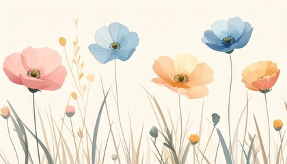 Blooming Watercolor Poppies: A gentle and vibrant watercolor painting presents a collection of delicate poppies in soft pastel hues, evoking feelings of serenity and artistic beauty. 