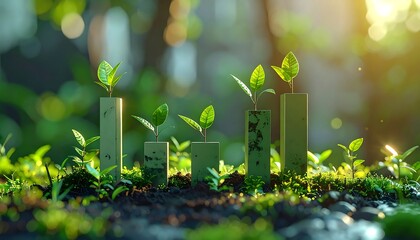Green sprouts growing from vertical blocks in mossy ground, sunlight