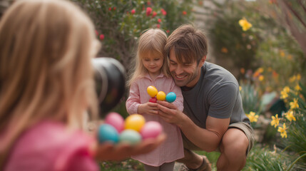Father taking photo of children holding colorful Easter eggs outdoors  