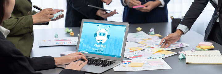 Analyst team use sticky note for creative and analytic brainstorm for business idea with BI data dashboard on laptop screen. Analysis financial data visualization tech for marketing strategy. Prodigy