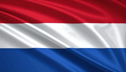 Fototapeta premium National flag of the Netherlands with three horizontal bands—red on top, white in the middle, and blue on the bottom—waving slightly against plain background.