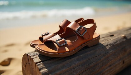 Naklejka premium Brown leather sandals with buckles rest on weathered log at sandy beach created with generative ai
