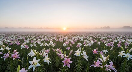 Fototapeta premium Lily Field at Dawn: Pink and White Blooms Under a Misty Sunrise