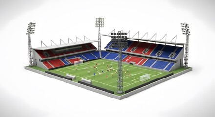 A miniature soccer stadium with red and blue seats and players on the green field on a white background