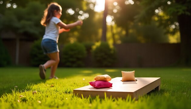 Cornhole game set, process of throwing bean bags, female girl tossing bean sacks, corn hole in the backyard created with generative ai
