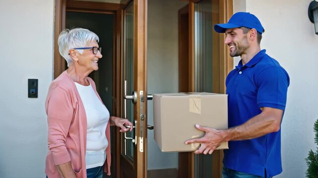 A positive male courier hands over a box to an old woman
