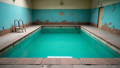Empty, dirty indoor swimming pool with turquoise water, surrounded by damaged brick border. Walls peeling blue paint  created with generative ai