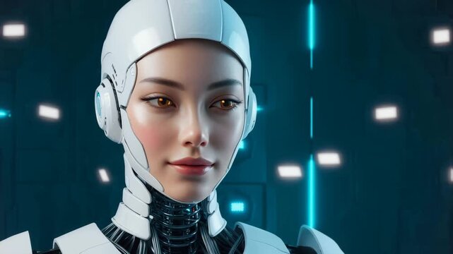 Close up of advanced gynoid showing artificial intelligence