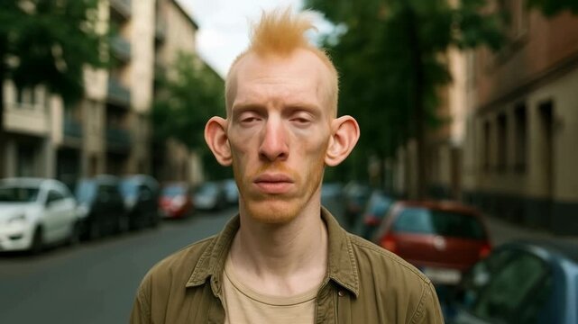 Portrait of albino man with mohawk hairstyle standing in a city street