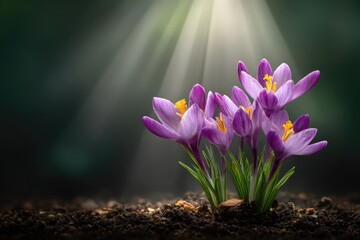 Obraz premium Spring crocuses emerging from the earth.