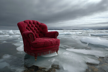 Red velvet chair on snow and iice