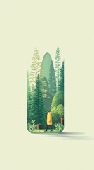 Creative illustration of a person walking through a vibrant forest enclosed within the shape of a smartphone. A visual metaphor for digital detox, mindful living, and finding balance between nature