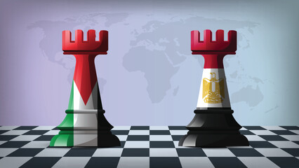Two Standing Rooks Representing Egypt vs Palestine with Flags on Bodies and World Map in Background © Model it
