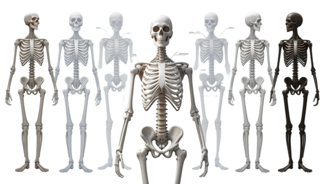 A collection of human skeleton models in varying degrees of transparency and color, isolated on a transparent background