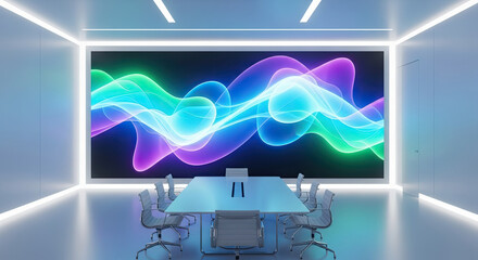 Modern conference room with light design and meeting table for business negotiations, showcases a modern conference room with technology that inspires collaboration. Sleek modern conference room,