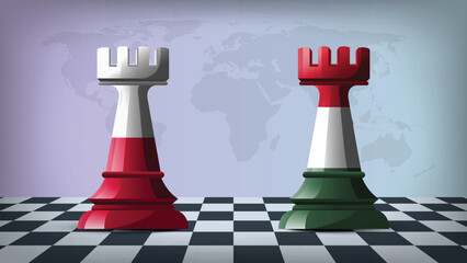 Two Standing Rooks Representing Polvs vs Lithuania with Flags on Bodies and World Map in Background © Model it