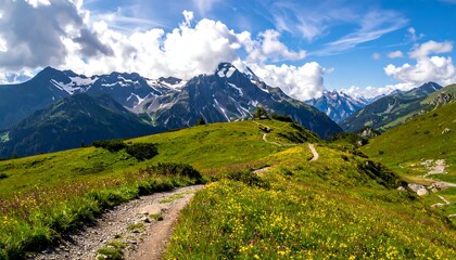 A scenic, sunny day showcases rolling hills and snow-capped peaks under a vibrant blue sky with fluffy clouds. A winding path leads through lush greenery